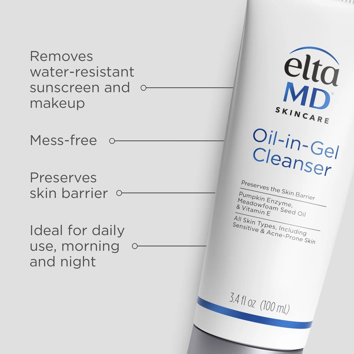 EltaMD Oil-in-Gel Cleanser (3.4 oz) helps maintain the skin's natural moisture barrier while gently cleansing away dirt, oil, and impurities for healthy-looking skin
