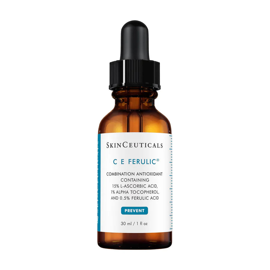 A bottle of SkinCeuticals CE Ferulic serum with a dropper, containing 30ml of the product.