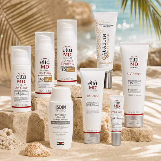 Medical-grade sunscreens for acne-prone, sensitive, mature, and active skin types featuring EltaMD, ISDIN, and Alastin Skincare on a beach-inspired background.