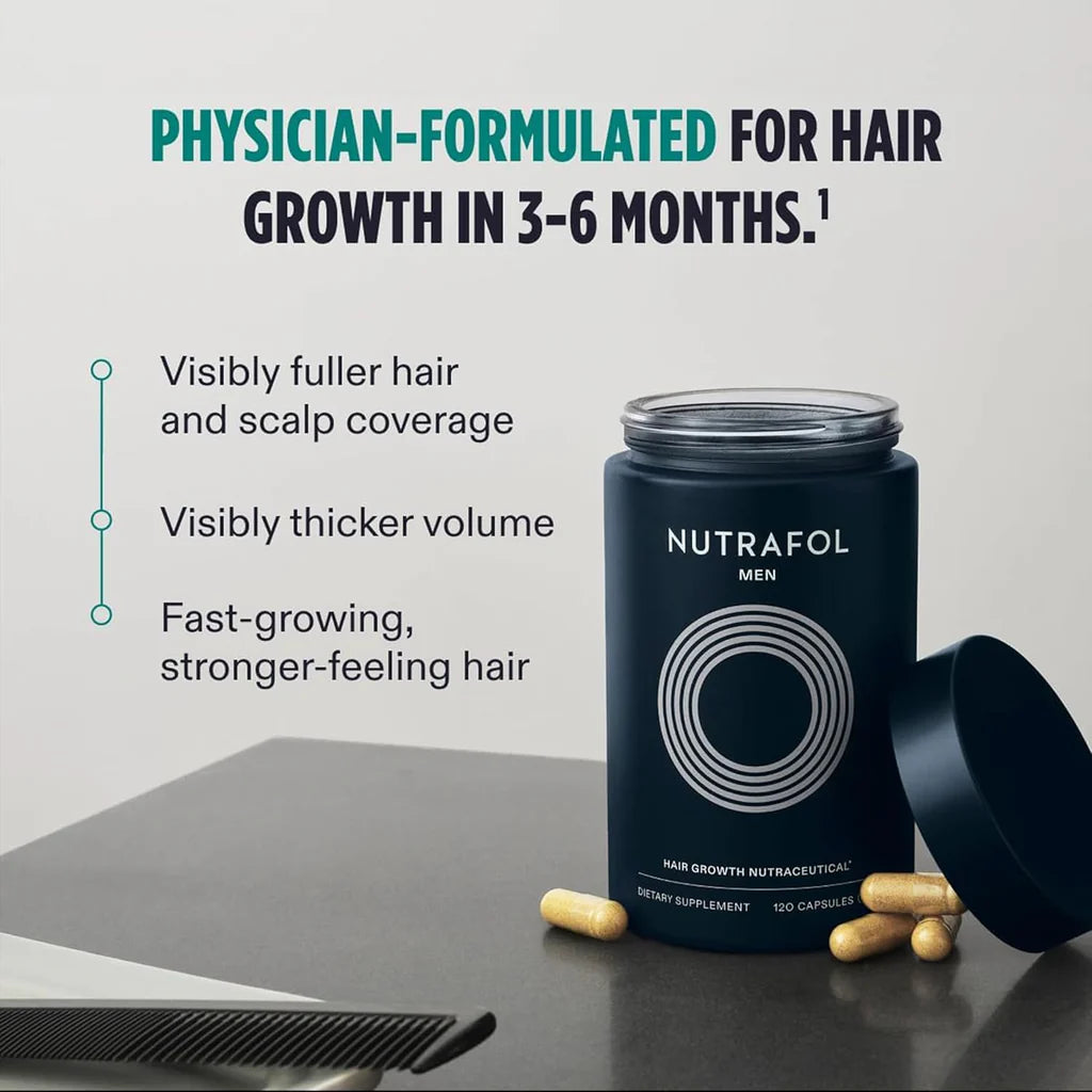 Nutrafol hair growth supplement container with text on a gray background