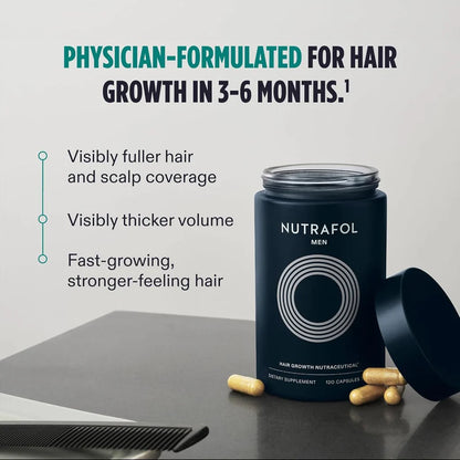 Nutrafol hair growth supplement container with text on a gray background