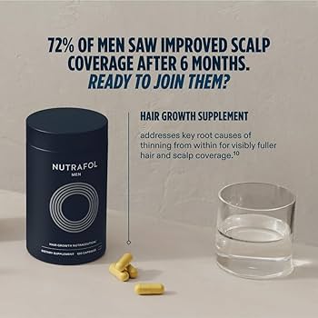 Nutrafol hair growth supplement with capsules and a glass of water on a neutral background.